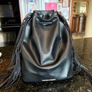 Victorias Secret Black Fringe Backpack  Cinch Bag Western Boho